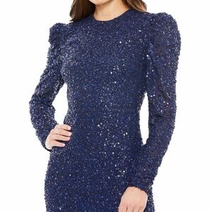 Mac Duggal Midnight Blue Sequin Long Sleeve Dress